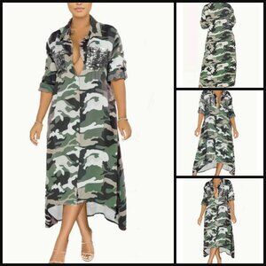 NWOT CHIC Camo Print Button Front Dress, Casual Maxi Dress, sequin pockets